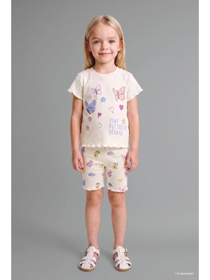 DeFacto Baskılı Kıvırcık Kenarlı Fitilli Kaşkorse Şortlu 2'li Pijama Takımı Kız Bebek H9310A526SM