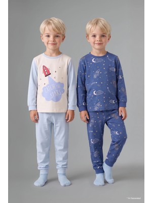 DeFacto %100 Pamuk Uzay Desenli Uzun Kollu Üst Lastikli Paça 2'li Pijama Takımı Erkek Bebek I1441A526AU
