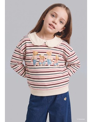 DeFacto Bebe Yaka Çizgili Ayıcık Baskılı Sweatshirt Kız Bebek I7726A526WN