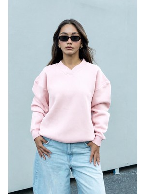 Dı Loria Kadın Pembe V Yaka Oversize Sweatshirt (%80 Pamuk)