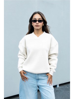 Dı Loria Kadın Beyaz V Yaka Oversize Sweatshirt (%80 Pamuk)