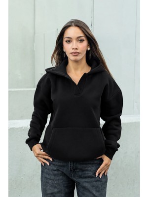 Dı Loria Kadın Siyah Kapüşonlu Oversize Sweatshirt Kanguru Cepli Bebe Yaka Rahat Kalıp (%80 Pamuk)