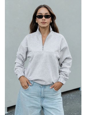 Dı Loria Kadın Gri Melanj Yarım Fermuarlı Dik Yaka Oversize Sweatshirt Lastikli Rahat Kalıp