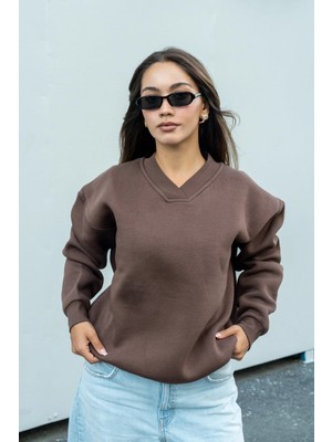Dı Loria Kadın Kahverengi V Yaka Oversize Sweatshirt (%80 Pamuk)