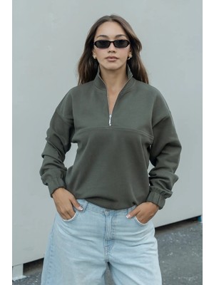 Dı Loria Kadın Haki Yarım Fermuarlı Dik Yaka Oversize Sweatshirt Lastikli Rahat Kalıp