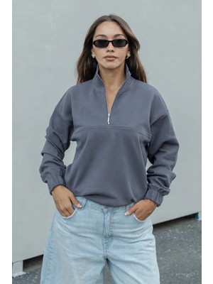 Dı Loria Kadın Antrasit Yarım Fermuarlı Dik Yaka Oversize Sweatshirt Lastikli Rahat Kalıp