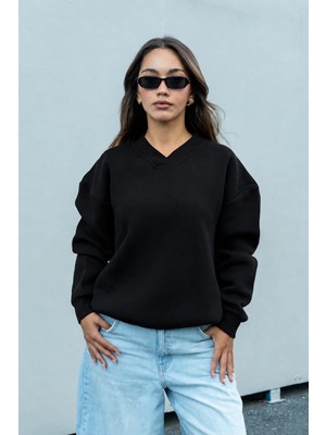 Dı Loria Kadın Siyah V Yaka Oversize Sweatshirt (%80 Pamuk)