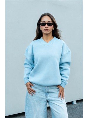 Dı Loria Kadın Mavi V Yaka Oversize Sweatshirt (%80 Pamuk)