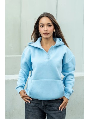 Dı Loria Kadın Mavi Kapüşonlu Oversize Sweatshirt Kanguru Cepli Bebe Yaka Rahat Kalıp (%80 Pamuk)