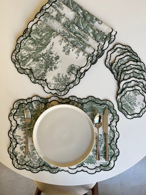 Nurhan Home Collection Toile De Jouy Desenli Lüks Amerikan Servis ve Kokteyl Peçete 12'lı Set - L'antique Serisi
