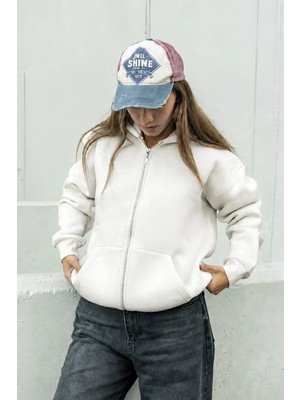 Dı Loria Kadın Beyaz Kapüşonlu Fermuarlı Oversize Sweatshirt %80 Pamuk Cepli Basic Hoodie