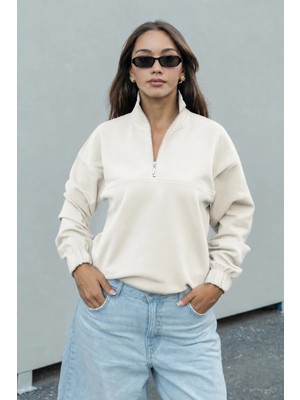 Dı Loria Kadın Krem Yarım Fermuarlı Dik Yaka Oversize Sweatshirt Lastikli Rahat Kalıp