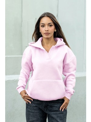 Dı Loria Kadın Pembe Kapüşonlu Oversize Sweatshirt Kanguru Cepli Bebe Yaka Rahat Kalıp (%80 Pamuk)