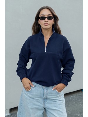 Dı Loria Kadın Lacivert Yarım Fermuarlı Dik Yaka Oversize Sweatshirt Lastikli Rahat Kalıp
