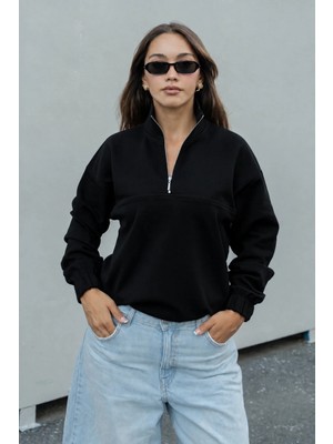Dı Loria Kadın Siyah Yarım Fermuarlı Dik Yaka Oversize Sweatshirt Lastikli Rahat Kalıp