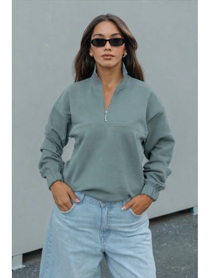 Dı Loria Kadın Mint Yeşili Yarım Fermuarlı Dik Yaka Oversize Sweatshirt Lastikli Rahat Kalıp