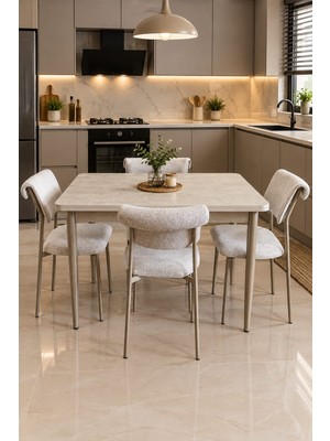 Tool Aksesuar T-8051 Traverten Masa Mdf 70X120 Ibiza Krem Sandalye 4 Kişilik Mutfak Masa Takımı Yemek Masa