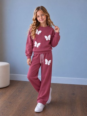 KR Kids Kız Çocuk Kelebek Detaylı Sweatshirt Pantolon 2’li Eşofman Takımı Gül Kurusu
