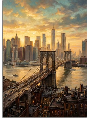 Karizma Tablo Gün Batımında New York Köprü Manzarası Dekoratif Kanvas - Mdf Ahşap Tablo