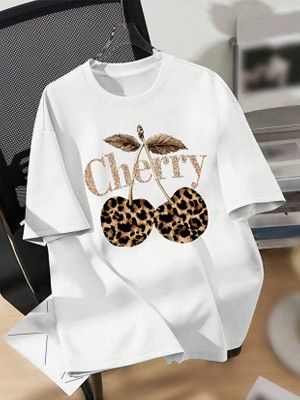 One Button Unisex Leopar Kiraz Baskılı Basic Bisiklet Yaka Regular T-Shirt