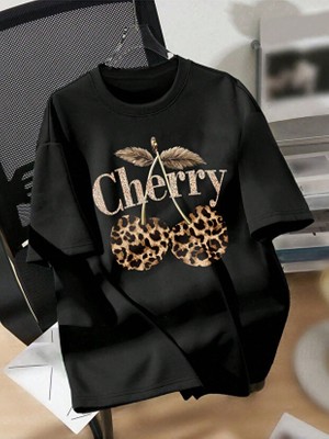 One Button Unisex Leopar Kiraz Baskılı Basic Bisiklet Yaka Regular T-Shirt