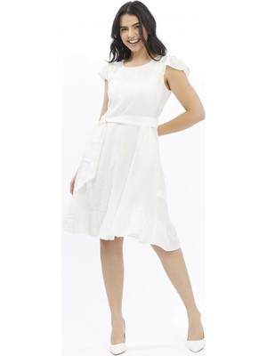 Apsen Collection Apsen 3886/100 KADIN Renk Beyaz Omuz detaylı Büzgülü Midi Boy yazlık Elbise