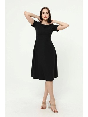 Apsen Collection Apsen Kadın Siyah Bisiklet Yaka Midi Krep Elbise 4442-110