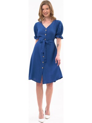 Apsen Collection Apsen  Kadın Saks Kuşaklı Düğmeli Yeni Sezon V Yaka Elbise 4366-115