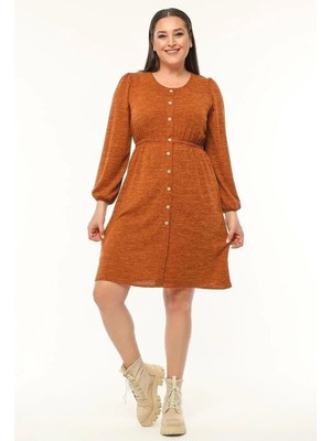 Apsen Collection Apsen Kadın Taba Uzun Kollu Beli Lastikli Düğme Detaylı Triko Elbise 4482-105
