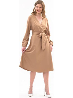 Apsen Collection Apsen Kadın Camel Bağlama Detaylı Kruvaze Yaka Midi Boy Elbise 4338-110