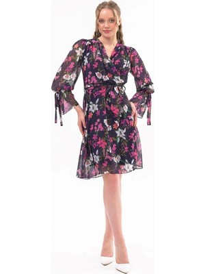 Apsen Collection Apsen Kadın Lacivert Çiçek Desenli Kruvaze Yaka Midi Şifon Elbise 4433-100