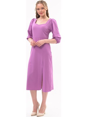 Apsen Collection Apsen Kadın Lila Yırtmaç Detaylı Beşgen Yaka Midi Krep Elbise 4444-120