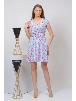 Apsen Collection Apsen Kadın mavi Kare Yaka cep Detaylı Mini Yazlık Elbise 4434-97