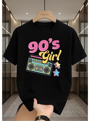 One Button Unisex Erkek/kadın 90's Girl Radyo Tema Baskılı Oversize T-Shirt