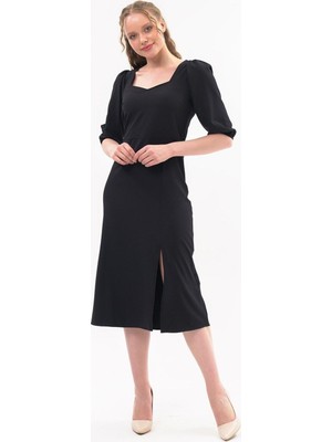 Apsen Collection Apsen Kadın Siyah Yırtmaç Detaylı Beşgen Yaka Midi Krep Elbise  4444-120