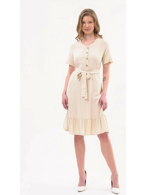 Apsen Collection Apsen Kadın Elbise Bej Renk Önden Düğme detaylı Yazlık midi Elbise 4437-105