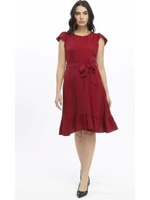 Apsen Collection Apsen  Kadın Bordo Renk Omuz Detaylı Büzgülü Midi Boy Yazlık Elbise 3886-100