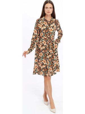 Apsen Collection Apsen Kadın Taba Çiçek desenli Önden Düğmeli Viscon Elbise 4426-100