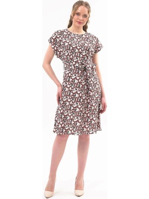 Apsen Collection Apsen Kadın Kahve Kuşaklı Bisiklet Yaka Düşük Omuz Midi Elbise 4443-105