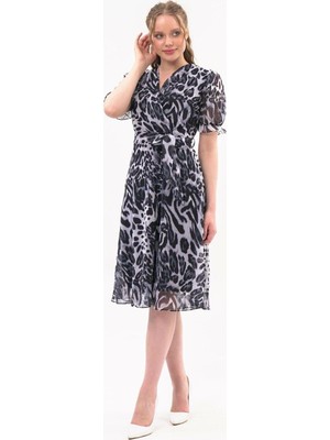 Apsen Collection Apsen Kadın Siyah Leopar Desenli Kruvaze Yaka Midi Şifon Elbise 4431-110