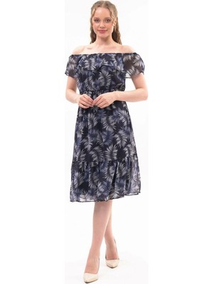 Apsen Collection Apsen Kadın Desenli Madonna Yaka Midi Şifon Elbise 4448-115