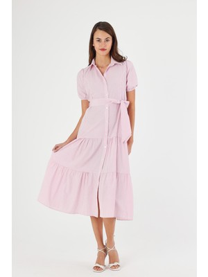 Apsen Collection Apsen Kadın Pembe Renk Kuşaklı Boydan Düğmeli Eteği Volanlı Çizgili Midi Elbise 4501-120