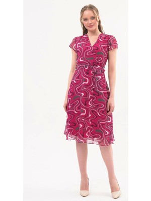 Apsen Collection Apsen  Kadın Fuşya Desen Kruvaze Yaka Midi Boy Şifon Elbise 4445-110