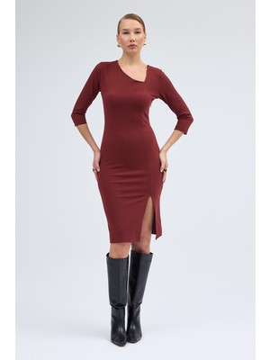 Apsen Collection Apsen Kadın Kiremit Yırtmaçlı Turva Kol Yaka Detaylı Midi Elbise 3769-100