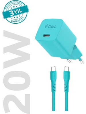 Ttec Smartcharger Gan 20W Pd Seyahat Hızlı Şarj Aleti + Usb-C - Lightning 3A Kablo Neon Neon Mavi 2SCG20LN