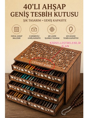 KutuTR 40 Bölmeli Ahşap Geniş Tesbih Kutusu Kişiye Özel Isim Yazılı Çekmeceli Tesbih Saklama Kutusu TGC004