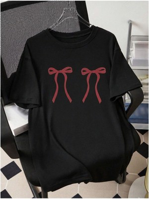One Button Unisex Erkek/kadın Bordo Kurdele Baskılı Oversize T-Shirt
