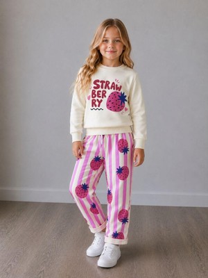 KR Kids Kız Çocuk Çilek Baskılı Sweatshirt ve Çizgili Pantolon 2’li Takım Ekru Pembe