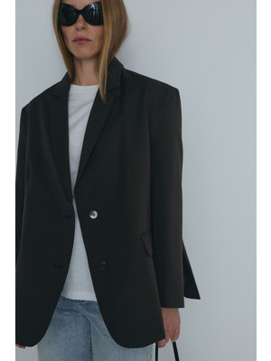 Suud Collection Koyu Kahve Maskülen Blazer Ceket Kadın Pamuklu Cepli Oversize Kesim