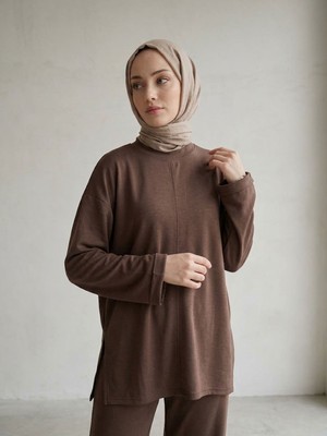 Miostil Kol Katlama Detay  Yırtmaçlı Pantolonlu Takım-Kahve